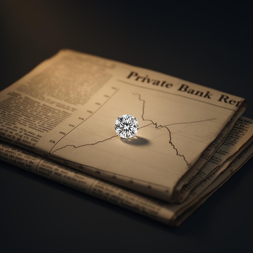 A polished round brilliant diamond resting on a folded financial broadsheet, faint pencil chart lines diverging beneath it