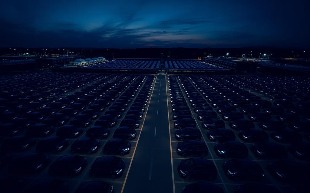 Aerial view of a corporate fleet lot at twilight with rows of electric vehicles