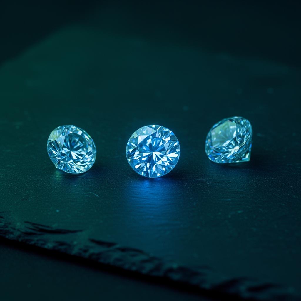 Three loose polished diamonds on dark slate, glowing different intensities of blue under longwave ultraviolet light