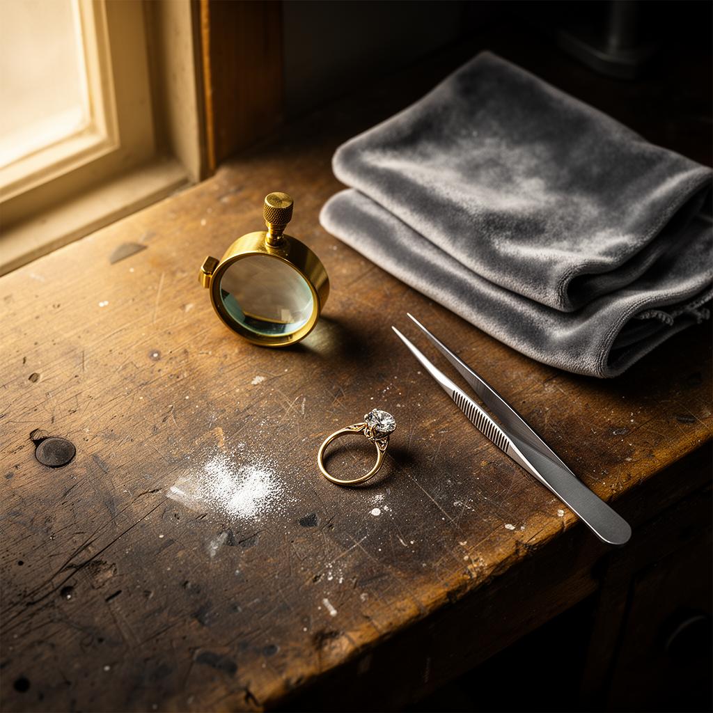 Overhead view of a worn wooden jeweller's bench with a brass loupe, tweezers, a small diamond ring and a folded grey velvet cloth, lit by soft window light